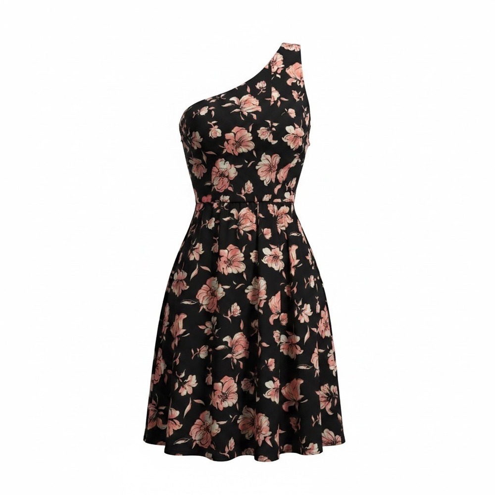 DR2 One Shoulder Floral Midi Dress Black Peach Pink Belted Medium‎